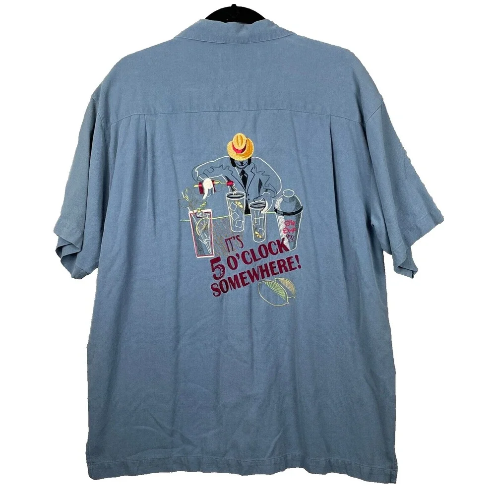 Big Dogs Silk Shirt‎ Mens Medium Blue Emboidered Its 5:00 Somewhere Cocktails
